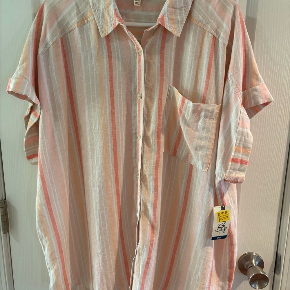 Terra & Sky Women's 1X Pink Striped Short Sleeve Linen Blend minimalist capsule